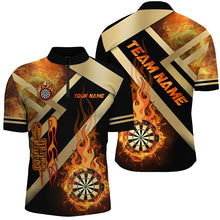 Load image into Gallery viewer, Personalized Gold And Black Dartboard Fire Flame Custom Darts Shirts For Men, Darts Team Jerseys TDM2048