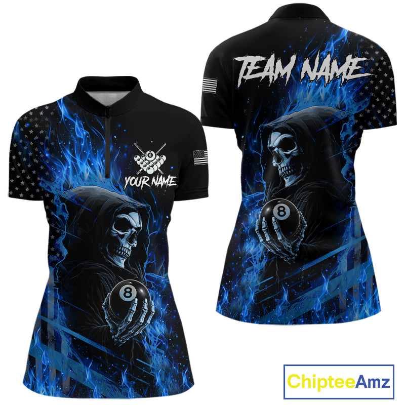 Blue Flaming Grim Reaper US Flag 8 Ball Quarter Zip Billiard Shirt Created for Women's Pool League Teams with Custom Performance Design
