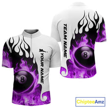 Load image into Gallery viewer, Personalized Purple 8 Ball Fire Flame Men&#39;s Billiard Shirt Custom Pool Team Jersey Polo &amp; 1/4 Zip TDM5231