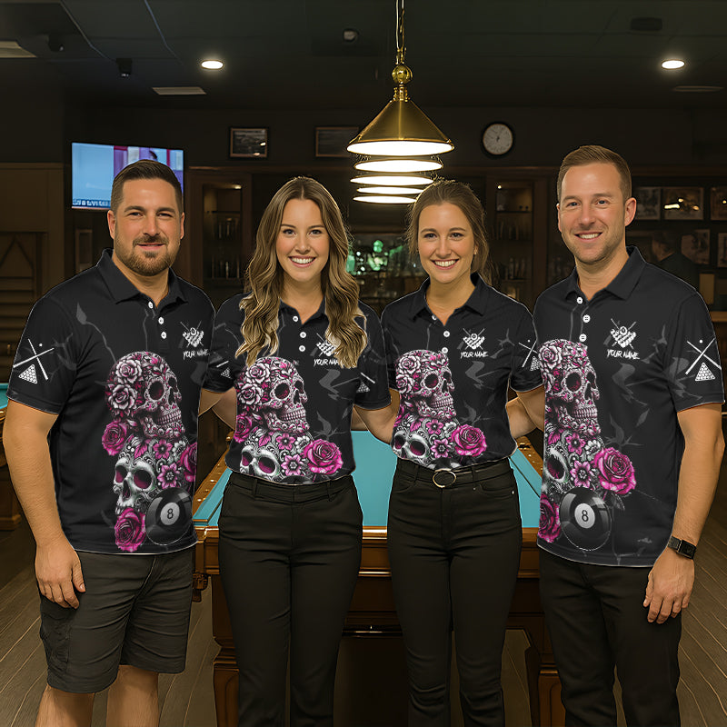 Personalized Pink 8 Ball Skull Roses Billiard Shirt For Women Custom Valentine Billiard Gifts TDM5750