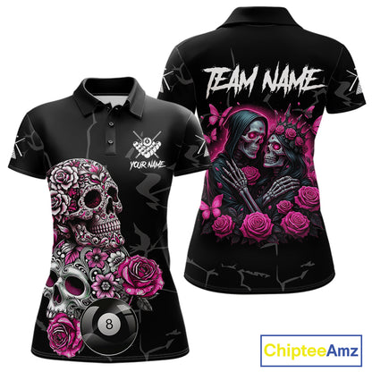 Personalized Pink 8 Ball Skull Roses Billiard Shirt For Women Custom Valentine Billiard Gifts TDM5750