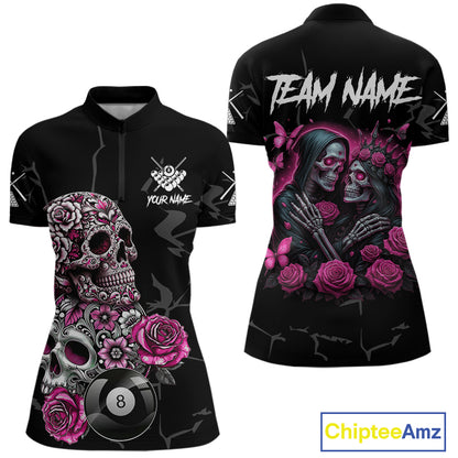 Personalized Pink 8 Ball Skull Roses Billiard Shirt For Women Custom Valentine Billiard Gifts TDM5750