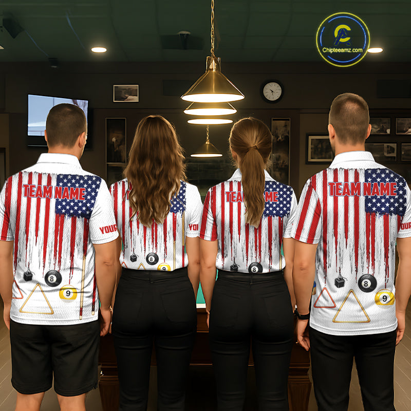 American Flag Billiard Shirt For Men Custom Patriotic Pool Team Jersey Polo & 1/4 Zip |White TDM5753