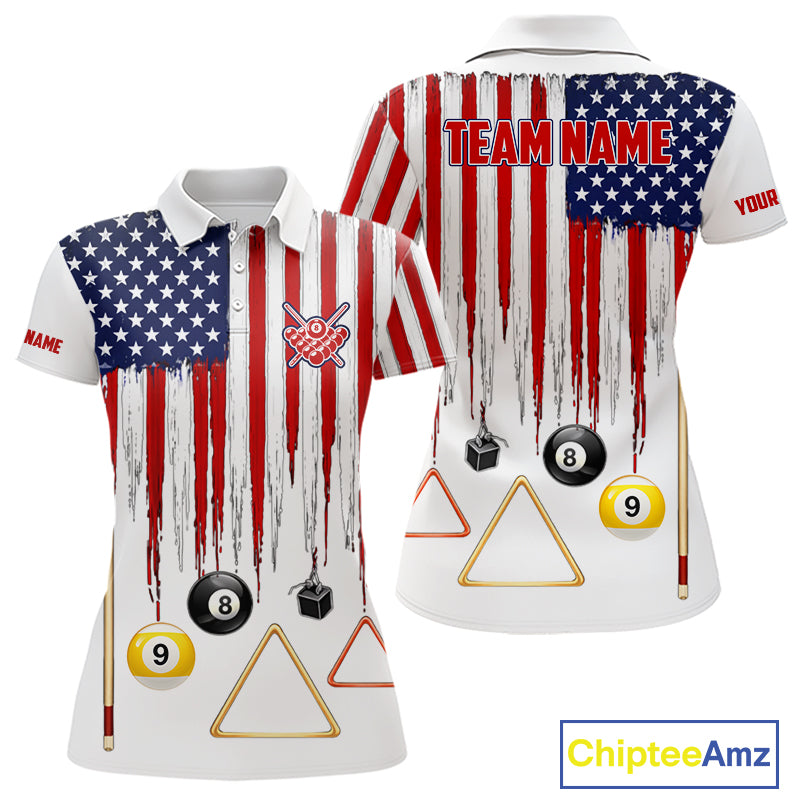 American Flag Billiard Shirt For Women Custom Patriotic Pool Team Jersey Polo & 1/4 Zip |White TDM5753