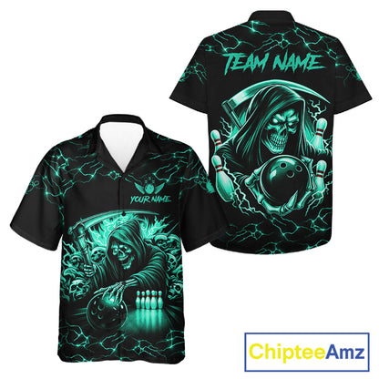 Turquoise Grim Reaper Lightning Hawaiian Bowling Shirt For Men Women, Bowling Team Jersey TDM5951