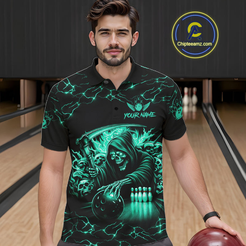 Custom Turquoise Grim Reaper Lightning Bowling Shirt For Men, Bowling Jersey Team Polo & 1/4 Zip TDM5951