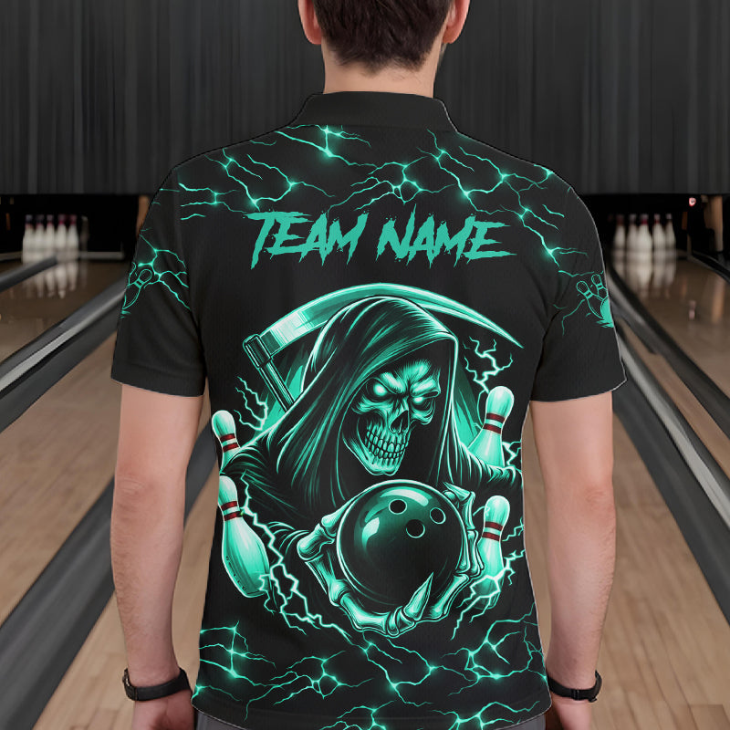 Custom Turquoise Grim Reaper Lightning Bowling Shirt For Men, Bowling Jersey Team Polo & 1/4 Zip TDM5951