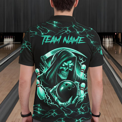 Custom Turquoise Grim Reaper Lightning Bowling Shirt For Men, Bowling Jersey Team Polo & 1/4 Zip TDM5951
