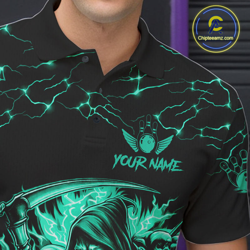 Custom Turquoise Grim Reaper Lightning Bowling Shirt For Men, Bowling Jersey Team Polo & 1/4 Zip TDM5951
