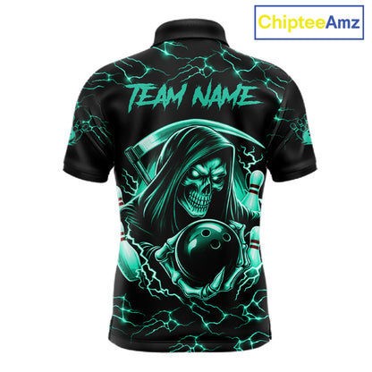 Custom Turquoise Grim Reaper Lightning Bowling Shirt For Men, Bowling Jersey Team Polo & 1/4 Zip TDM5951