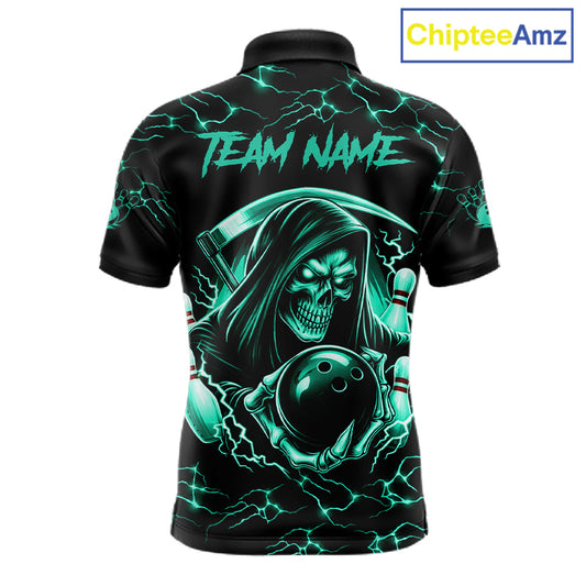 Custom Turquoise Grim Reaper Lightning Bowling Shirt For Men, Bowling Jersey Team Polo & 1/4 Zip TDM5951