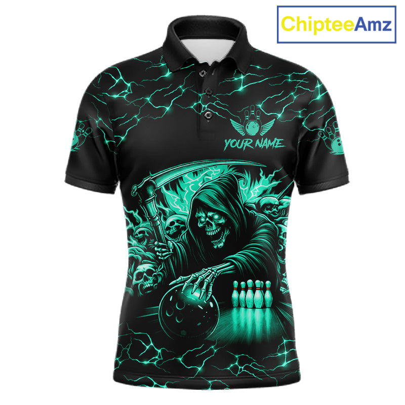 Custom Turquoise Grim Reaper Lightning Bowling Shirt For Men, Bowling Jersey Team Polo & 1/4 Zip TDM5951