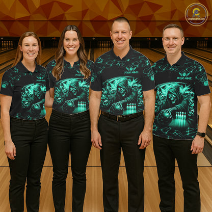 Custom Turquoise Grim Reaper Lightning Bowling Shirt For Men, Bowling Jersey Team Polo & 1/4 Zip TDM5951