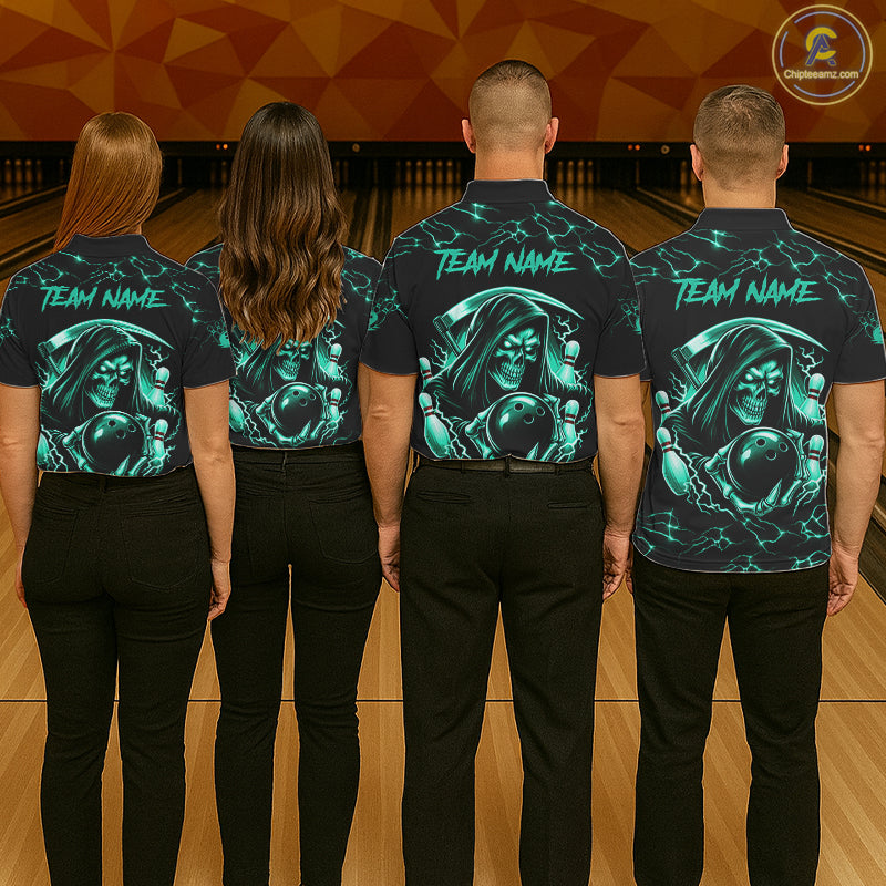 Custom Turquoise Grim Reaper Lightning Bowling Shirt For Men, Bowling Jersey Team Polo & 1/4 Zip TDM5951