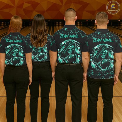 Custom Turquoise Grim Reaper Lightning Bowling Shirt For Men, Bowling Jersey Team Polo & 1/4 Zip TDM5951