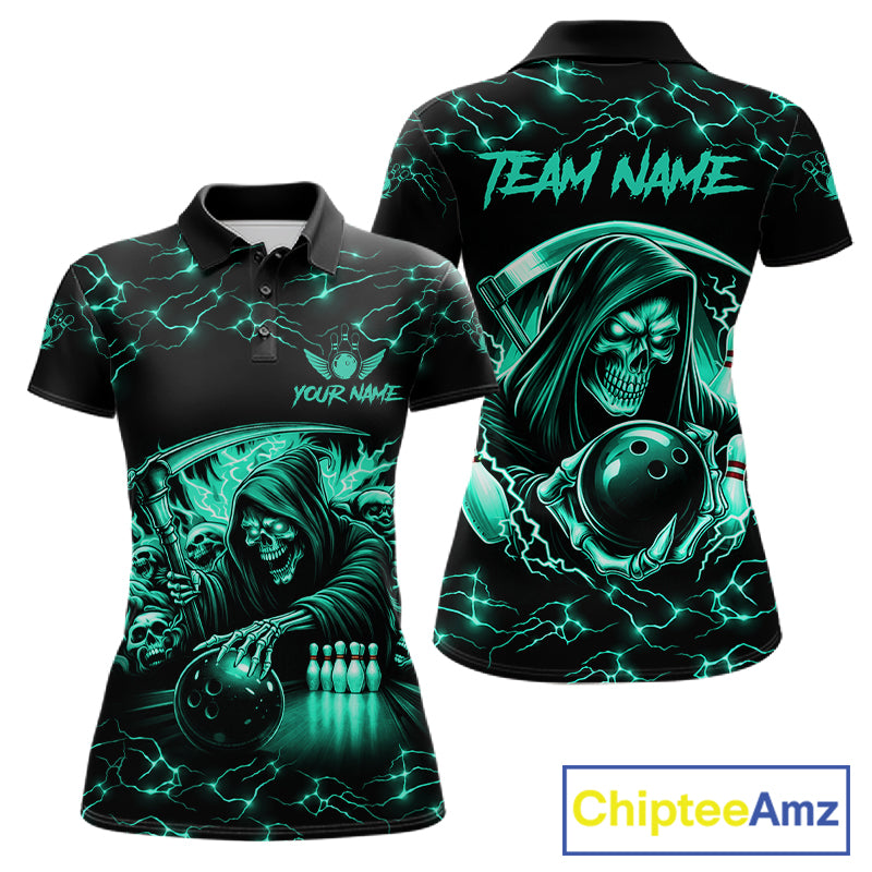 Custom Turquoise Grim Reaper Lightning Bowling Shirt For Women, Bowling Jersey Team Polo & 1/4 Zip TDM5951
