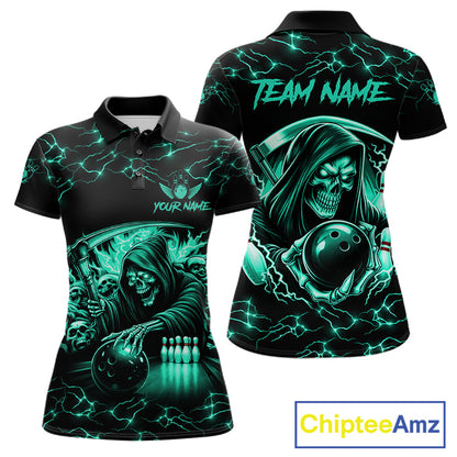 Custom Turquoise Grim Reaper Lightning Bowling Shirt For Women, Bowling Jersey Team Polo & 1/4 Zip TDM5951