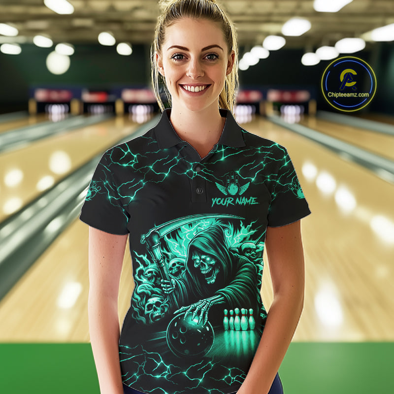 Custom Turquoise Grim Reaper Lightning Bowling Shirt For Women, Bowling Jersey Team Polo & 1/4 Zip TDM5951