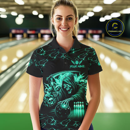 Custom Turquoise Grim Reaper Lightning Bowling Shirt For Women, Bowling Jersey Team Polo & 1/4 Zip TDM5951