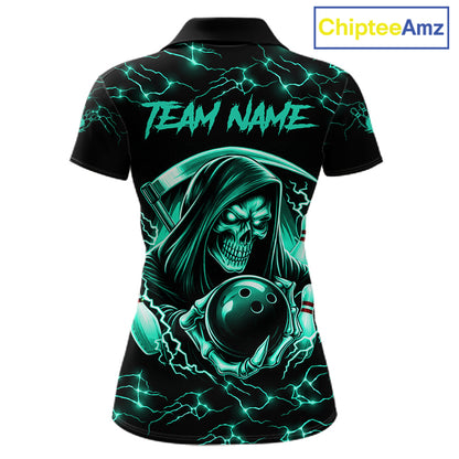 Custom Turquoise Grim Reaper Lightning Bowling Shirt For Women, Bowling Jersey Team Polo & 1/4 Zip TDM5951