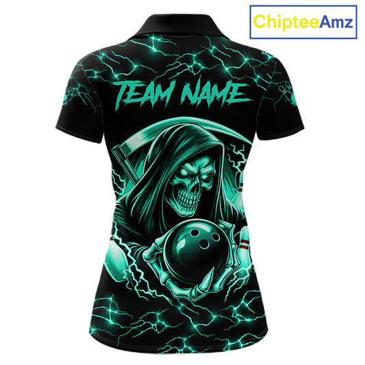 Custom Turquoise Grim Reaper Lightning Bowling Shirt For Women, Bowling Jersey Team Polo & 1/4 Zip TDM5951