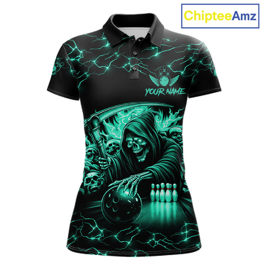 Custom Turquoise Grim Reaper Lightning Bowling Shirt For Women, Bowling Jersey Team Polo & 1/4 Zip TDM5951