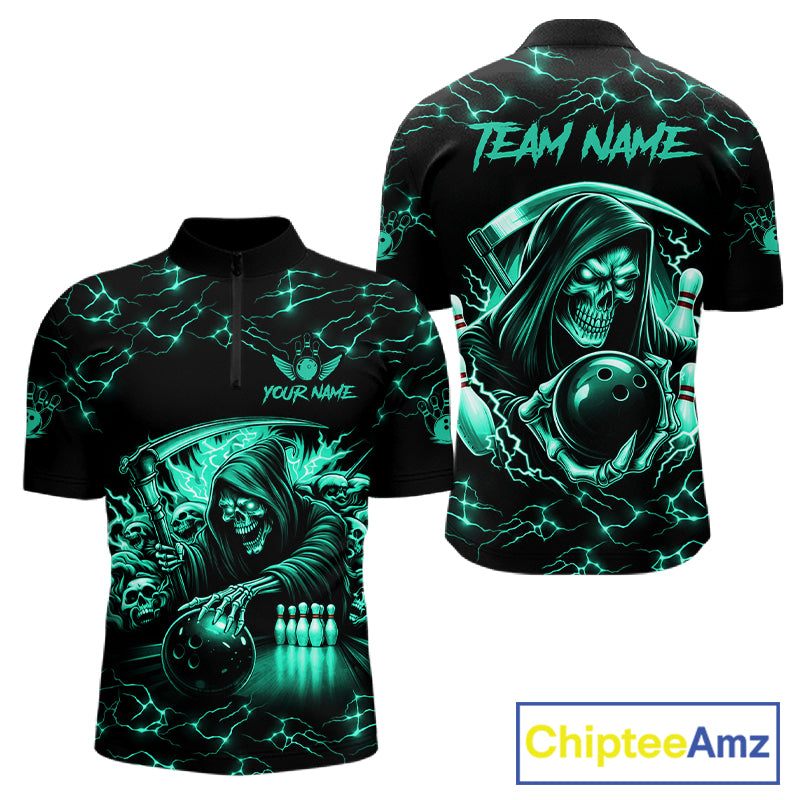 Custom Turquoise Grim Reaper Lightning Bowling Shirt For Men, Bowling Jersey Team Polo & 1/4 Zip TDM5951