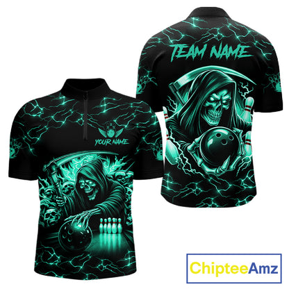 Custom Turquoise Grim Reaper Lightning Bowling Shirt For Men, Bowling Jersey Team Polo & 1/4 Zip TDM5951