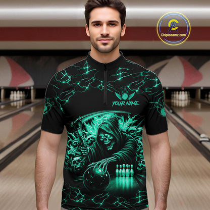 Custom Turquoise Grim Reaper Lightning Bowling Shirt For Men, Bowling Jersey Team Polo & 1/4 Zip TDM5951