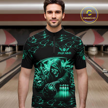 Load image into Gallery viewer, Custom Turquoise Grim Reaper Lightning Bowling Shirt For Men, Bowling Jersey Team Polo &amp; 1/4 Zip TDM5951