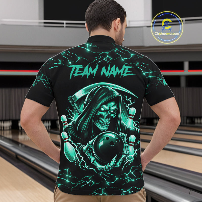 Custom Turquoise Grim Reaper Lightning Bowling Shirt For Men, Bowling Jersey Team Polo & 1/4 Zip TDM5951