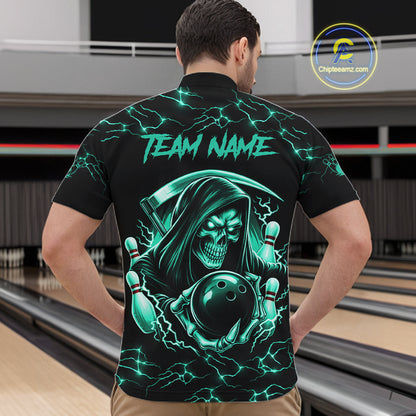 Custom Turquoise Grim Reaper Lightning Bowling Shirt For Men, Bowling Jersey Team Polo & 1/4 Zip TDM5951
