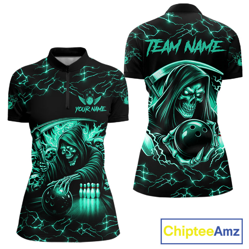 Custom Turquoise Grim Reaper Lightning Bowling Shirt For Women, Bowling Jersey Team Polo & 1/4 Zip TDM5951