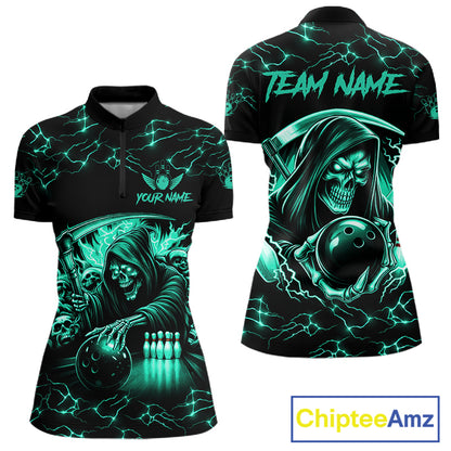Custom Turquoise Grim Reaper Lightning Bowling Shirt For Women, Bowling Jersey Team Polo & 1/4 Zip TDM5951