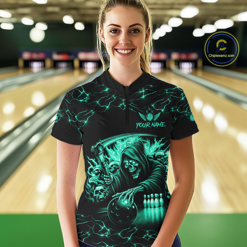 Custom Turquoise Grim Reaper Lightning Bowling Shirt For Women, Bowling Jersey Team Polo & 1/4 Zip TDM5951