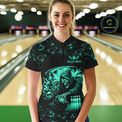 Custom Turquoise Grim Reaper Lightning Bowling Shirt For Women, Bowling Jersey Team Polo & 1/4 Zip TDM5951