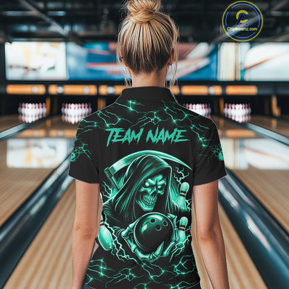 Custom Turquoise Grim Reaper Lightning Bowling Shirt For Women, Bowling Jersey Team Polo & 1/4 Zip TDM5951