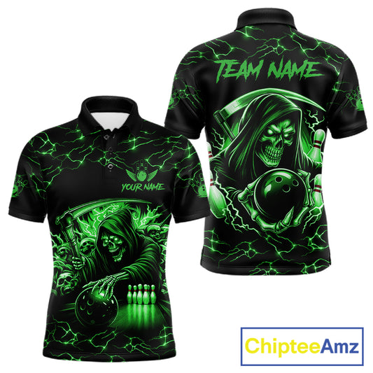Custom Green Grim Reaper Lightning Bowling Shirt For Men, Skull Bowling Jersey Team Polo & 1/4 Zip TDM5952