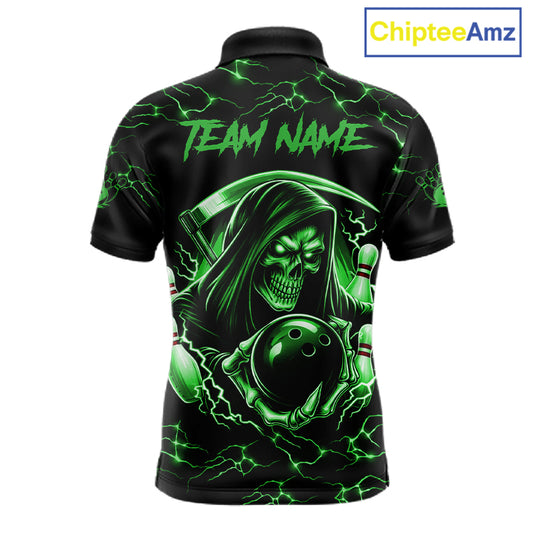 Custom Green Grim Reaper Lightning Bowling Shirt For Men, Skull Bowling Jersey Team Polo & 1/4 Zip TDM5952