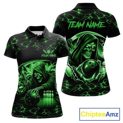 Custom Green Grim Reaper Lightning Bowling Shirt For Women, Skull Bowling Jersey Team Polo & 1/4 Zip TDM5952
