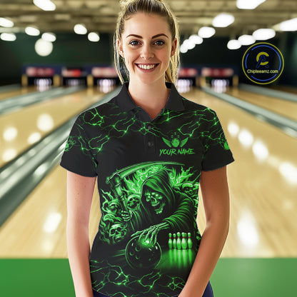 Custom Green Grim Reaper Lightning Bowling Shirt For Women, Skull Bowling Jersey Team Polo & 1/4 Zip TDM5952