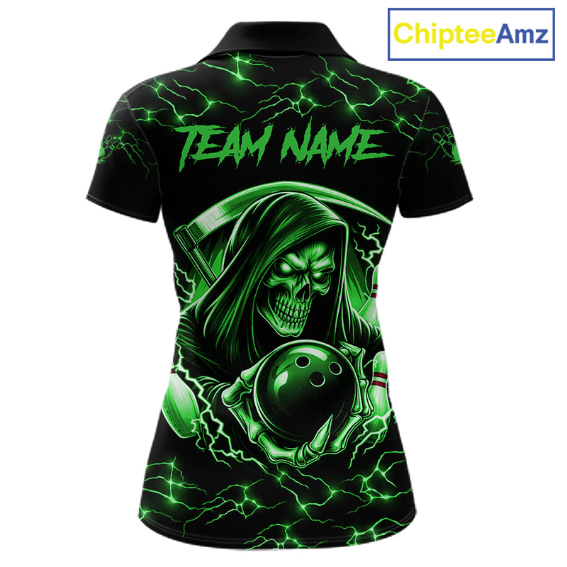 Custom Green Grim Reaper Lightning Bowling Shirt For Women, Skull Bowling Jersey Team Polo & 1/4 Zip TDM5952