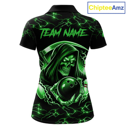 Custom Green Grim Reaper Lightning Bowling Shirt For Women, Skull Bowling Jersey Team Polo & 1/4 Zip TDM5952