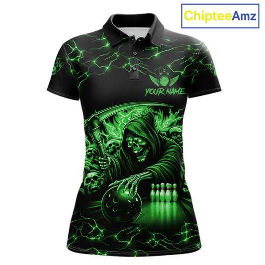 Custom Green Grim Reaper Lightning Bowling Shirt For Women, Skull Bowling Jersey Team Polo & 1/4 Zip TDM5952