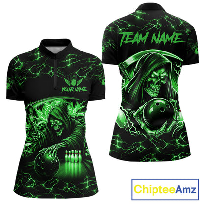 Custom Green Grim Reaper Lightning Bowling Shirt For Women, Skull Bowling Jersey Team Polo & 1/4 Zip TDM5952