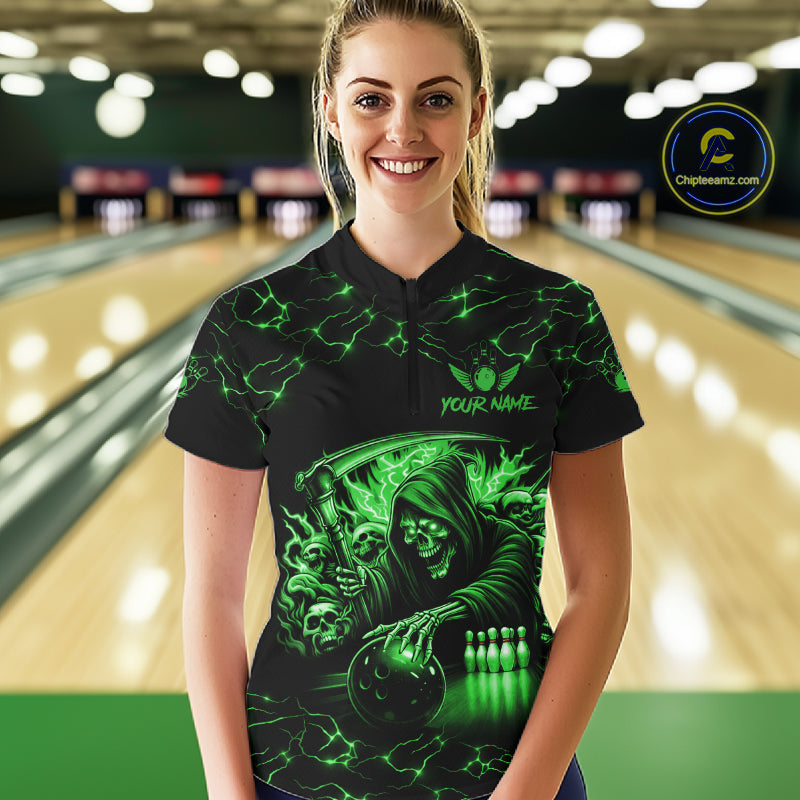 Custom Green Grim Reaper Lightning Bowling Shirt For Women, Skull Bowling Jersey Team Polo & 1/4 Zip TDM5952