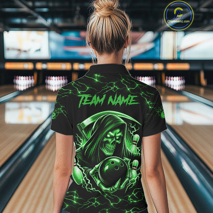 Custom Green Grim Reaper Lightning Bowling Shirt For Women, Skull Bowling Jersey Team Polo & 1/4 Zip TDM5952