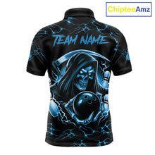 Load image into Gallery viewer, Custom Blue Grim Reaper Lightning Bowling Shirt For Men, Skull Bowling Jersey Team Polo &amp; 1/4 Zip TDM5953