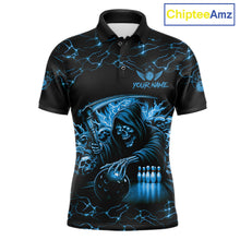 Load image into Gallery viewer, Custom Blue Grim Reaper Lightning Bowling Shirt For Men, Skull Bowling Jersey Team Polo &amp; 1/4 Zip TDM5953