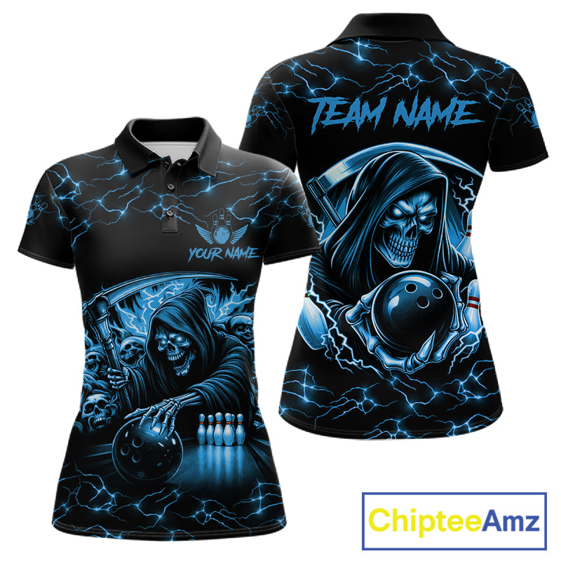 Custom Blue Grim Reaper Lightning Bowling Shirt For Women, Skull Bowling Jersey Team Polo & 1/4 Zip TDM5953